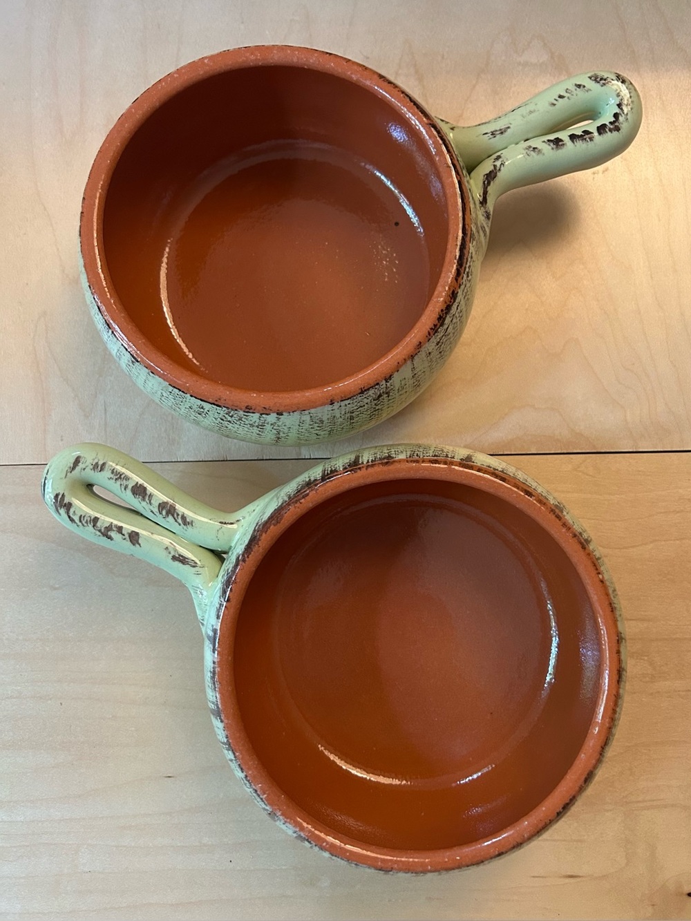 De Silva Italian Terracotta Celadon 
Green Handled Soup Bowls - Pair